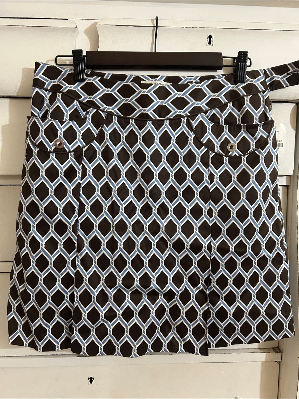 Fairway & Greene Brown Geometric Mini Skirt with Light Blue Trim